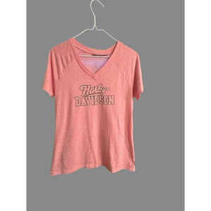 Harley-Davidson Women’s Pink V-Neck Raglan Tee Medium Dusty Rose Logo Shirt